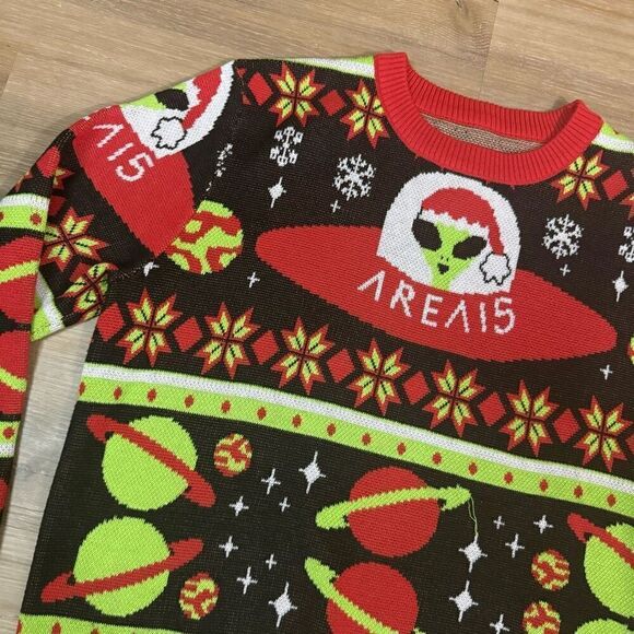 Area 15 Men's XL Alien Santa Ugly Christmas Sweater Green Red Spaceship Planets - Picture 2 of 4
